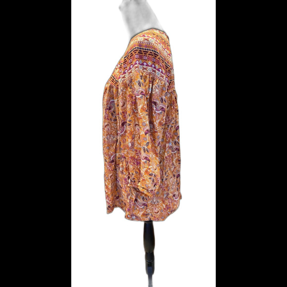 Cato Boho Blouse Plus Size 14 16 Top Orange Pink Peasant Hippie Top 3/4 Sleeve - Picture 4 of 10